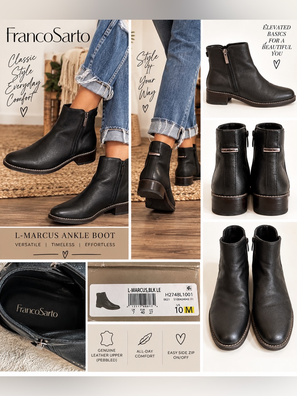 Franco Sarto L-Marcus Black Leather Ankle Boots Booties Size 10M